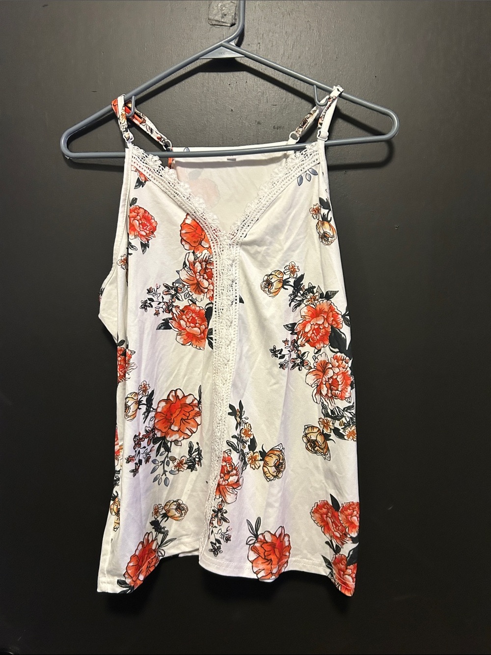 Source Unknown White Cami with Orange Floral Print and Lace Trim